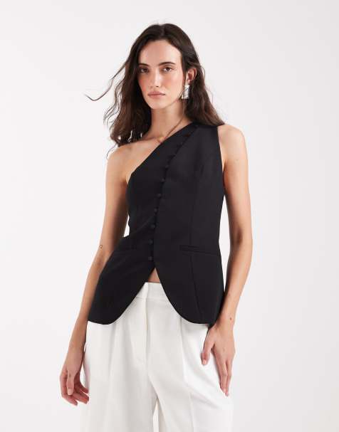 ASOS DESIGN Tailored one shoulder button detail top in black - view 1