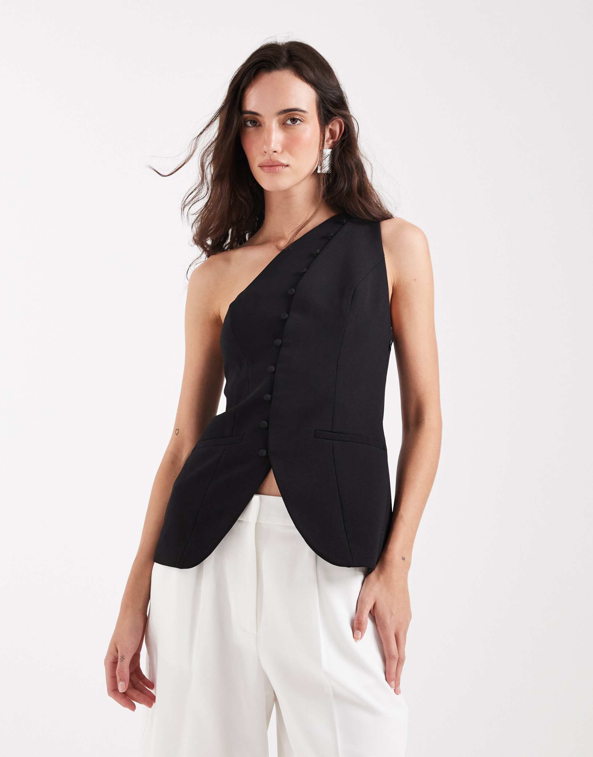 asos design tailored one shoulder button detail top in black