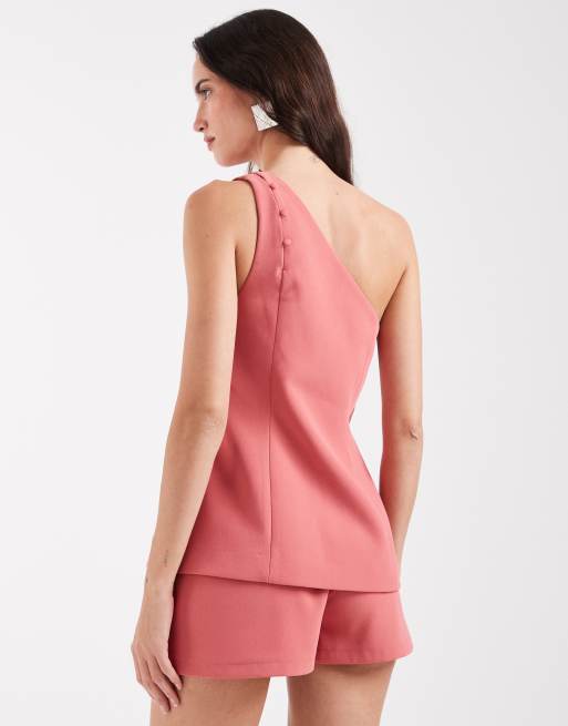 ASOS DESIGN Tailored one shoulder button detail top in terracotta, 4 of 4