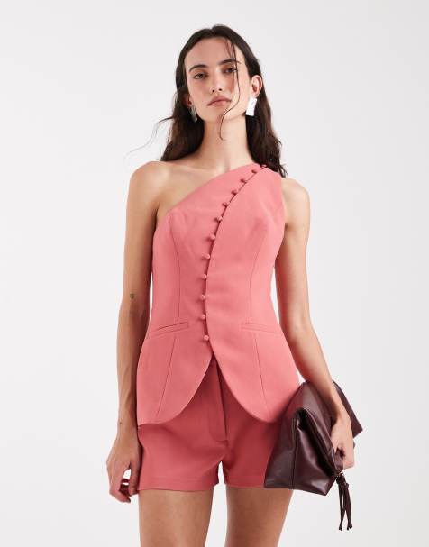 ASOS DESIGN tailored one shoulder button detailing top in terracotta - view 1