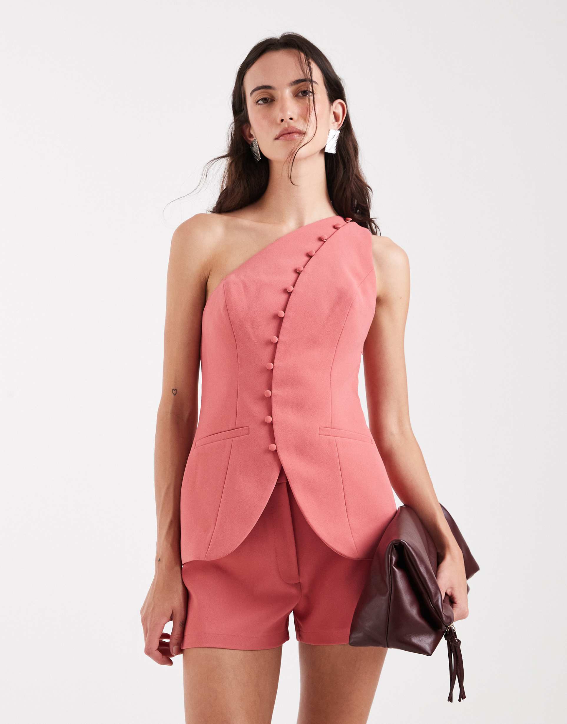 asos design tailored one shoulder button detailing top in terracotta