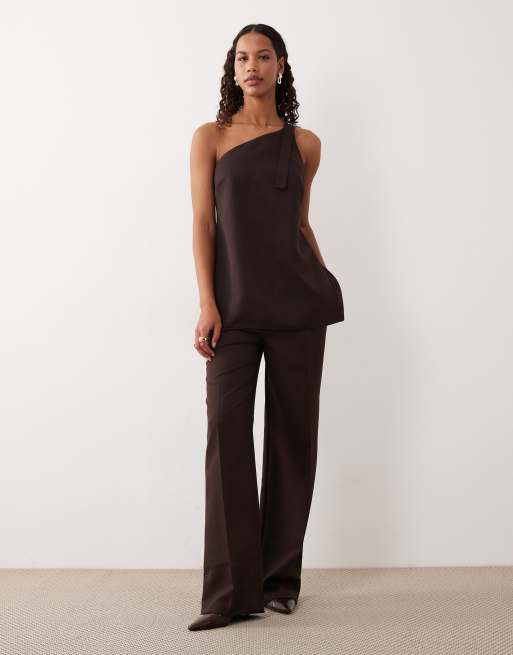 ASOS DESIGN tailored one shoulder co-ord top in chocolate, 4 of 4