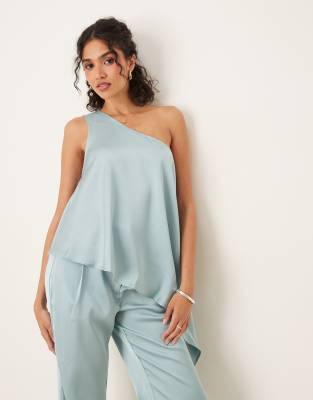 ASOS DESIGN ASOS DESIGN tailored one shoulder drape top co-ord in light blue