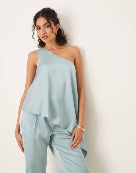 ASOS DESIGN tailored one shoulder drape top co-ord in light blue - view 1