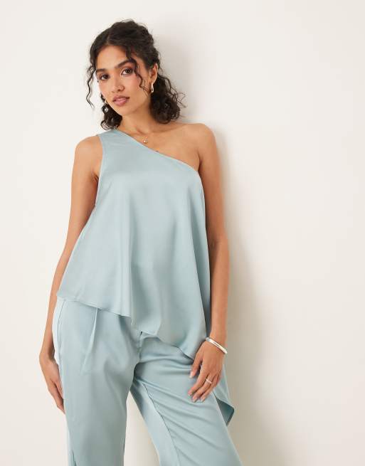 ASOS DESIGN tailored one shoulder drape top in light blue - part of a set