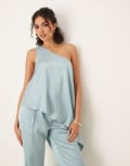 [ASOS DESIGN] ASOS DESIGN tailored one shoulder drape top in light blue (part of a set) S Light Blue