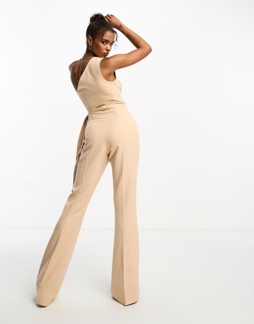 ASOS DESIGN tailored one shoulder kickflare jumpsuit in blush