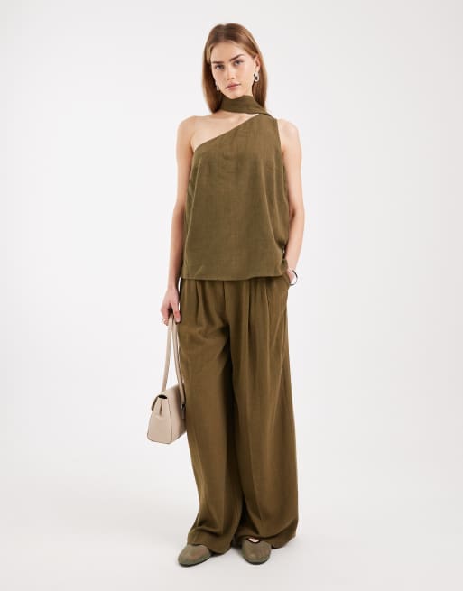 ASOS DESIGN Tailored one shoulder scarf detail top  in khaki, 4 of 4