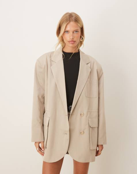 ASOS DESIGN tailored oversized clean utility pocket blazer with drawstring waist in stone - view 1