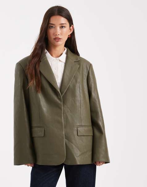 ASOS DESIGN tailored oversized faux leather blazer in dark green - view 1