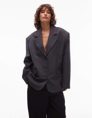 Asos Design Tailored Oversized Power Shoulder Blazer In Gray