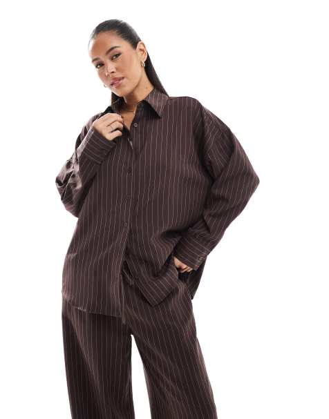 ASOS DESIGN tailored oversized shirt in chocolate pinstripe - part of a set - view 1