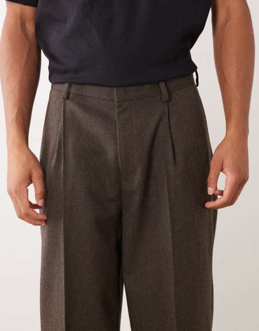 ASOS DESIGN tailored oversized tapered pants with wool in brown herringbone, 4 of 5