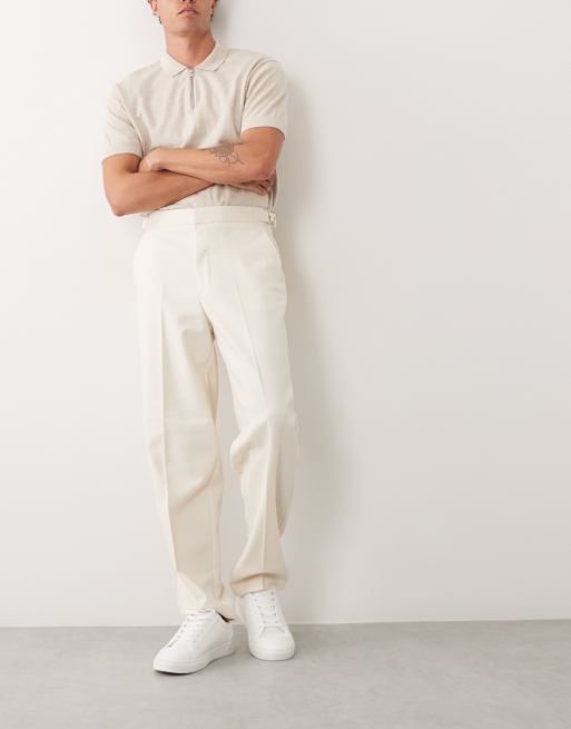 ASOS DESIGN tailored oversized tapered trousers in ecru microtexture with side adjusters, 3 of 5