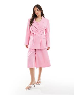 ASOS DESIGN tailored oversized tie waist blazer in pink - part of a set