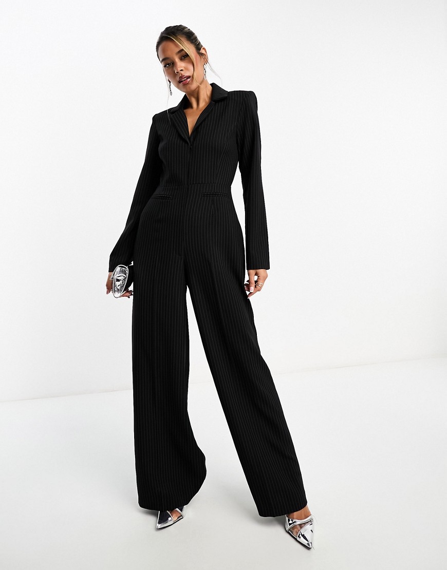 ASOS DESIGN tailored oversized tux jumpsuit in black pinstripe-Multi