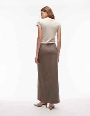 Asos Design Tailored Pencil Maxi Skirt With High Slit In Brown