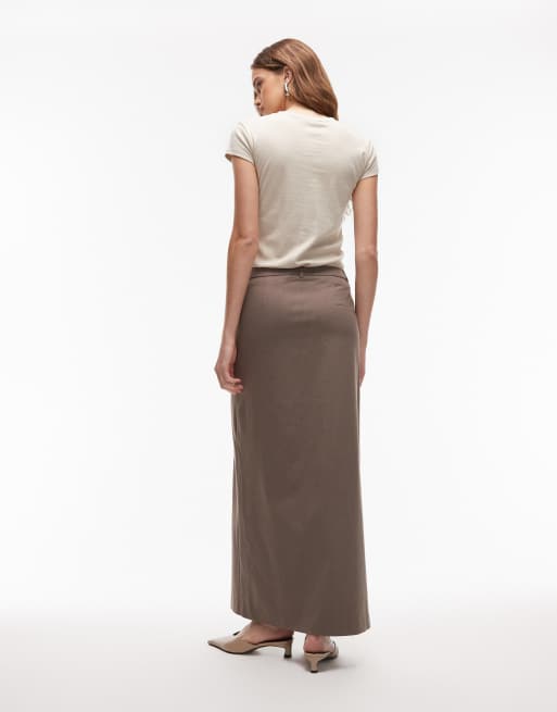 ASOS DESIGN tailored pencil maxi skirt with high slit in brown pinstripes