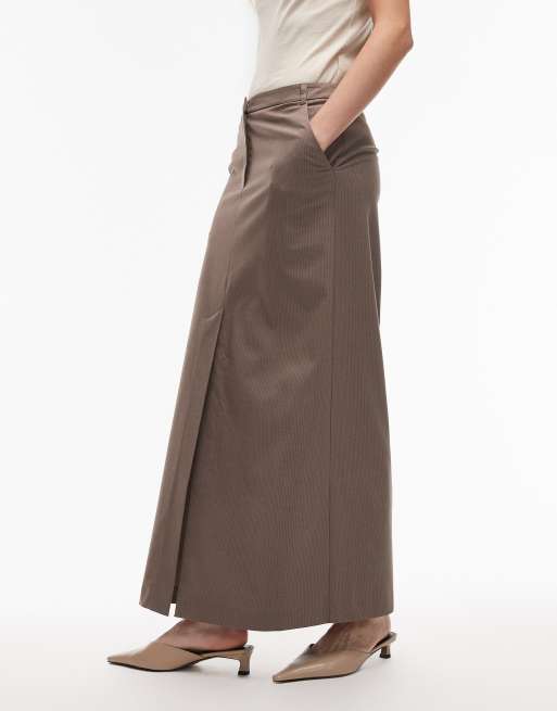 ASOS DESIGN tailored pencil maxi skirt with high slit in brown pinstripes