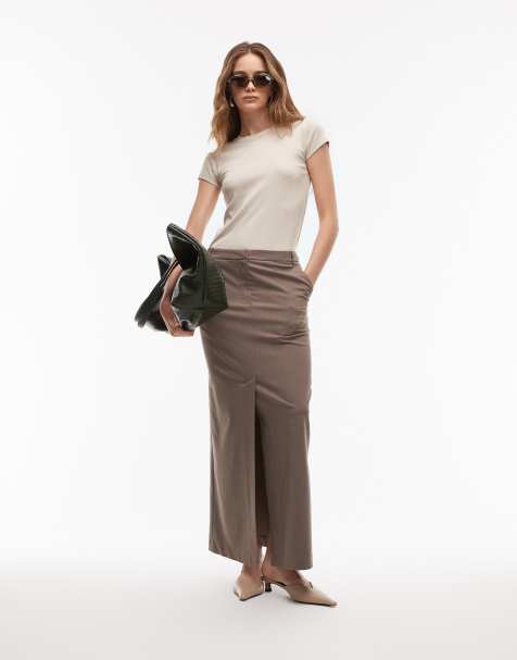ASOS DESIGN tailored pencil midi skirt with high split in brown pinstripe - view 1