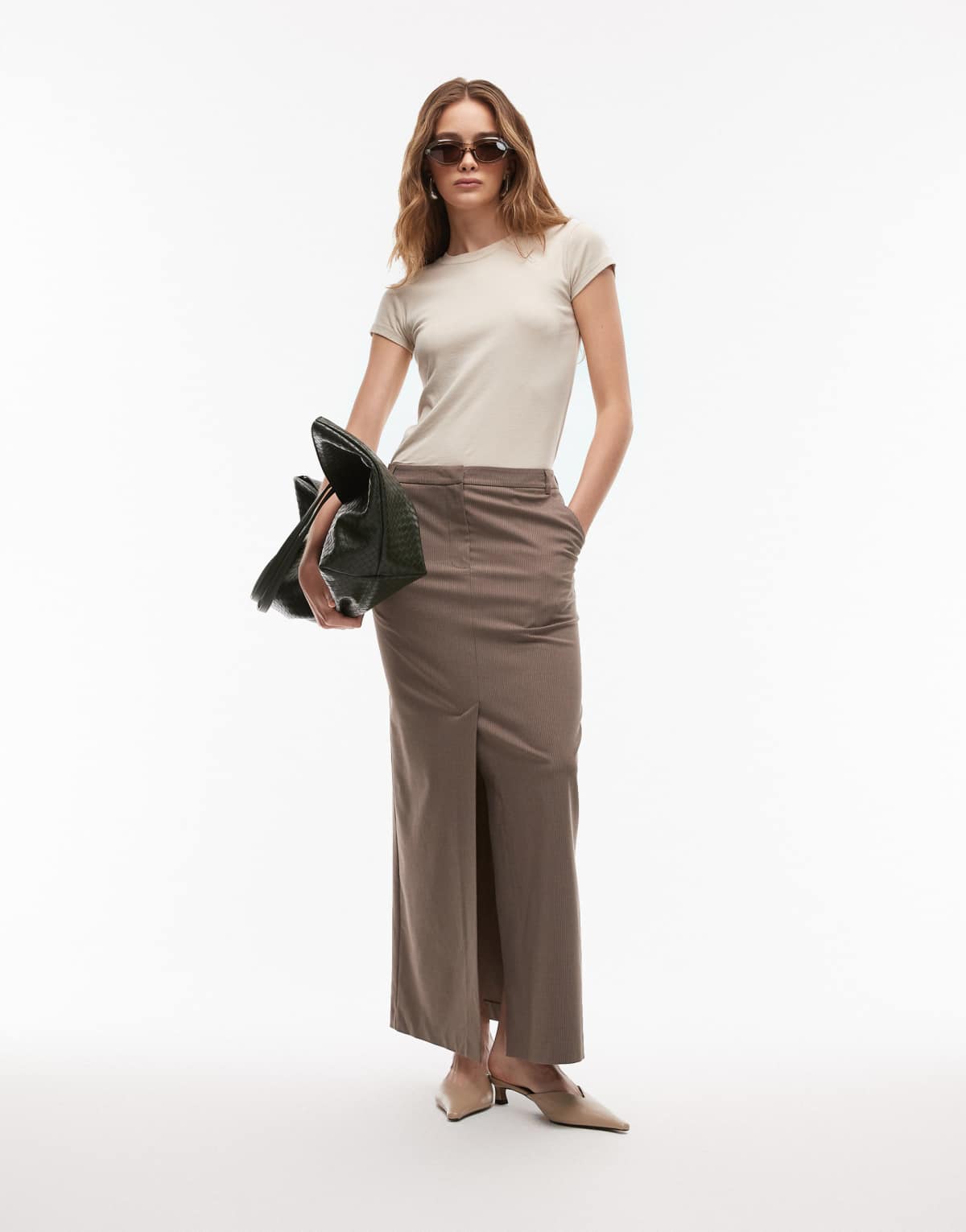 ASOS DESIGN tailored pencil midi skirt with high split in brown pinstripe