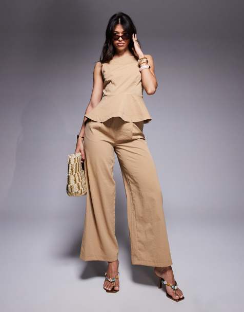 ASOS DESIGN tailored peplum cami top & wide leg trousers co-ord in tan - view 1