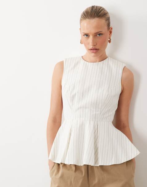 ASOS DESIGN tailored peplum top in ecru stripe
