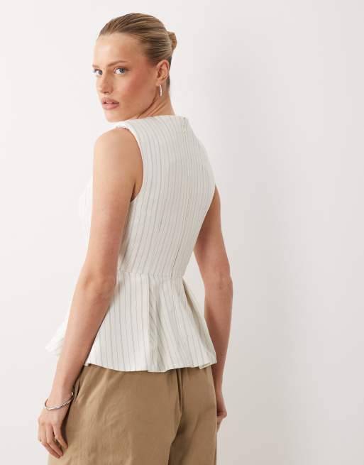 ASOS DESIGN tailored peplum top in ecru stripe, 4 of 4