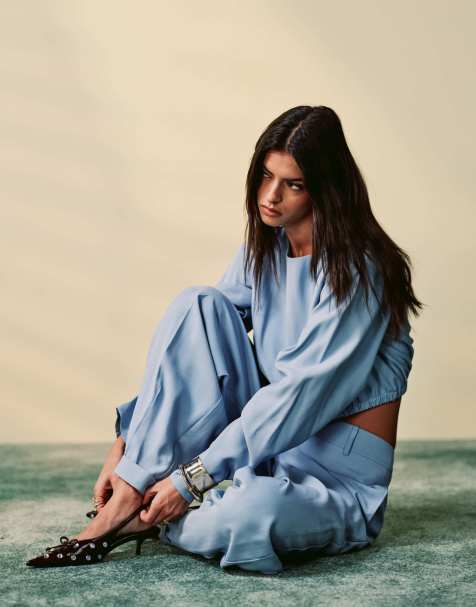 ASOS DESIGN tailored pleat sleeve top in light blue (part of a set) - view 1