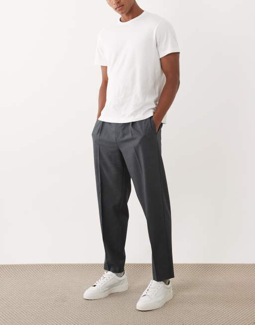 ASOS DESIGN tailored pleated denim look relaxed tapered trousers in dark blue, 2 of 5