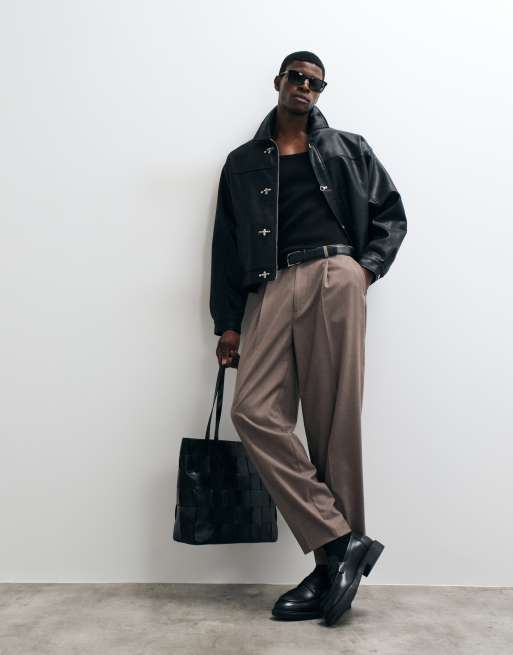 ASOS DESIGN tailored pleated flannel trousers in brown with back pocket detail, 3 of 5
