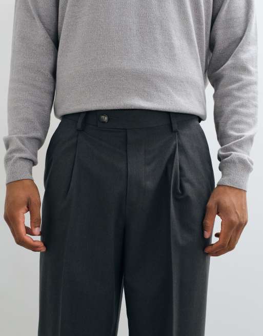 ASOS DESIGN tailored pleated flannel trousers in charcoal with back pocket detail, 2 of 5