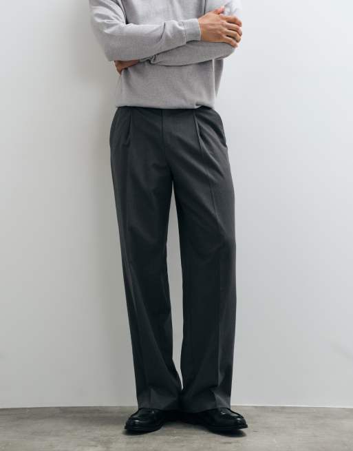 ASOS DESIGN tailored pleated flannel trousers in charcoal with back pocket detail, 3 of 5
