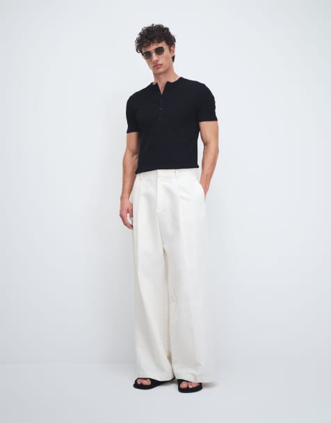 ASOS DESIGN tailored pleated linen rich loose leg trousers in white - view 1