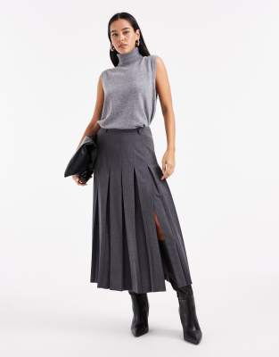 Asos Design Tailored Pleated Midi Skirt In Gray