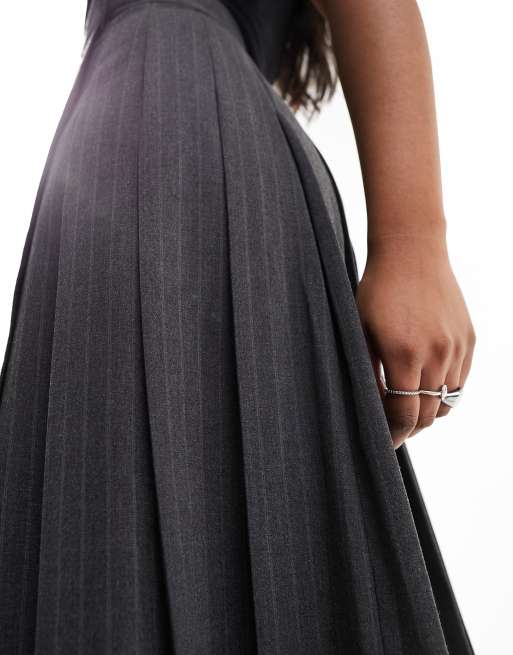 ASOS DESIGN tailored pleated midi skirt in grey pinstripe