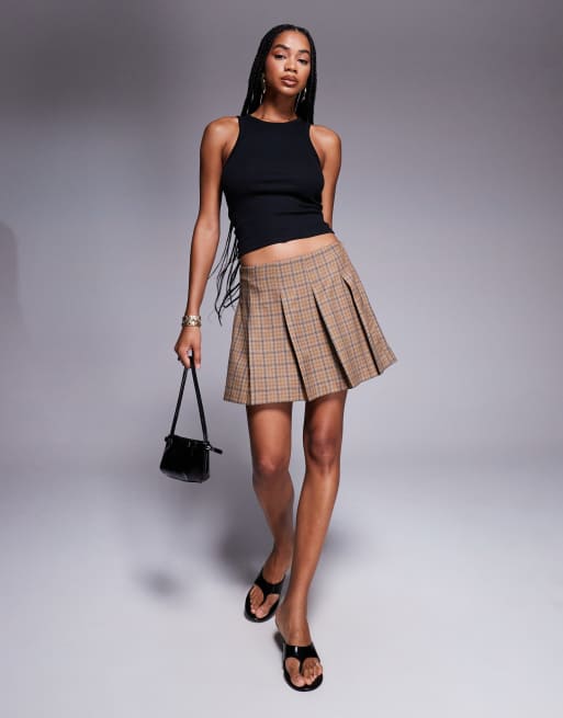 ASOS DESIGN tailored pleated mini skirt in brown check, 2 of 5