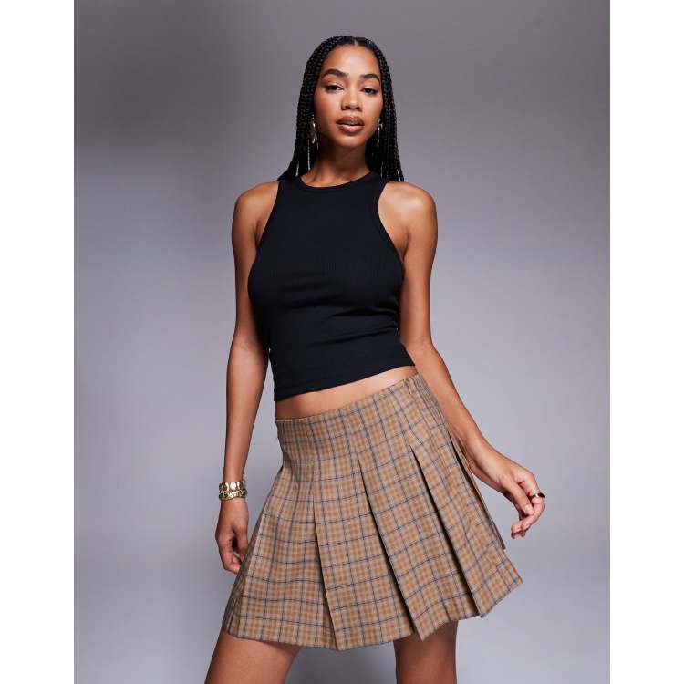 ASOS DESIGN tailored pleated mini skirt in brown plaid | ASOS