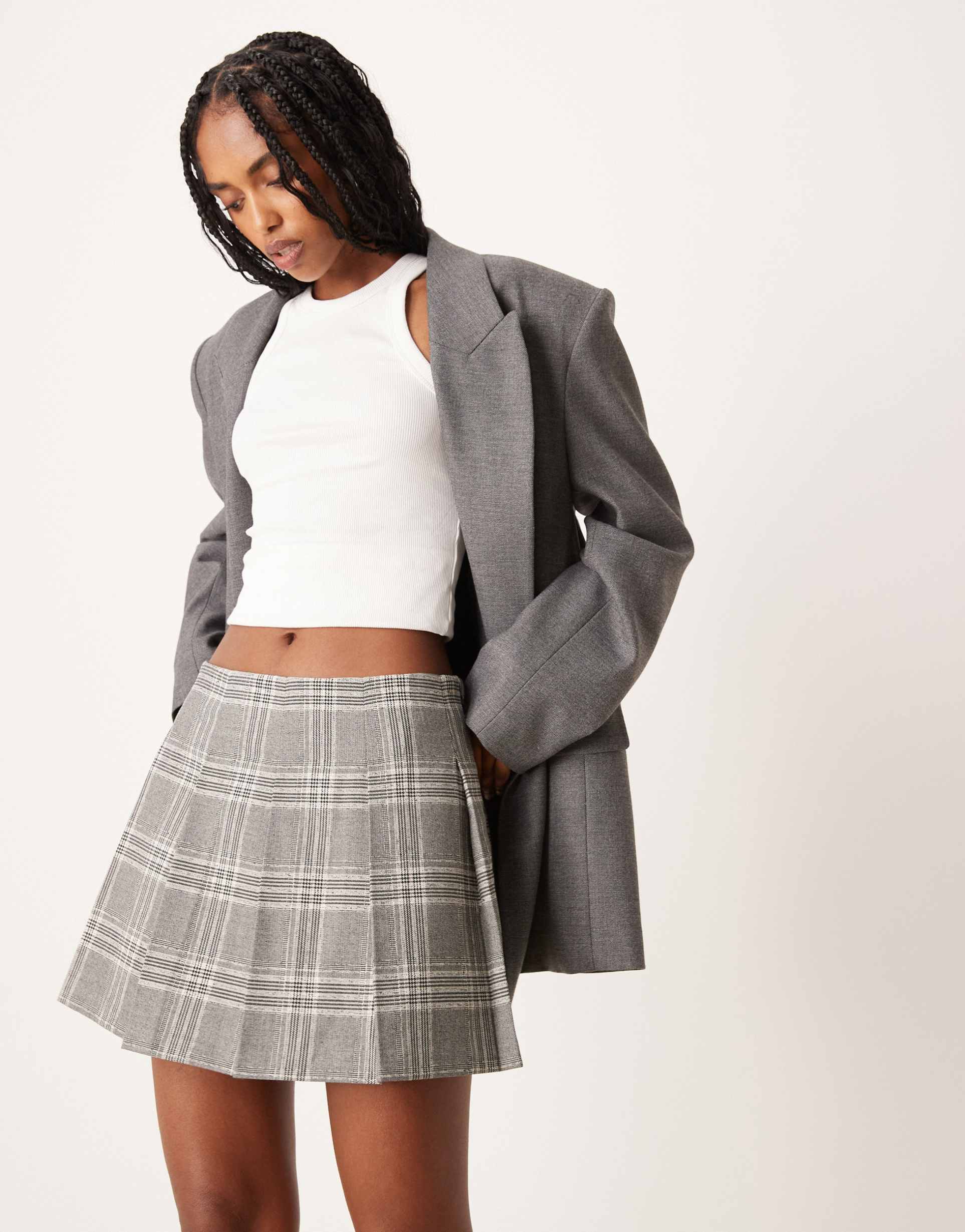 asos design tailored pleated mini skirt in gray plaid
