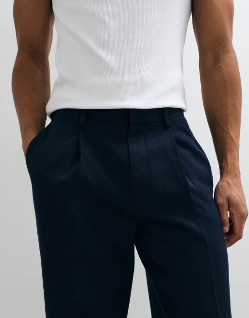 ASOS DESIGN tailored pleated oversized tapered pants in navy microtexture, 5 of 5