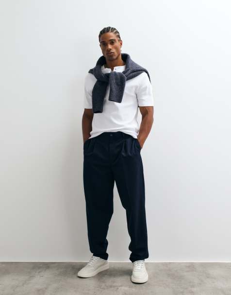 ASOS DESIGN tailored pleated oversized tapered pants in navy - view 1
