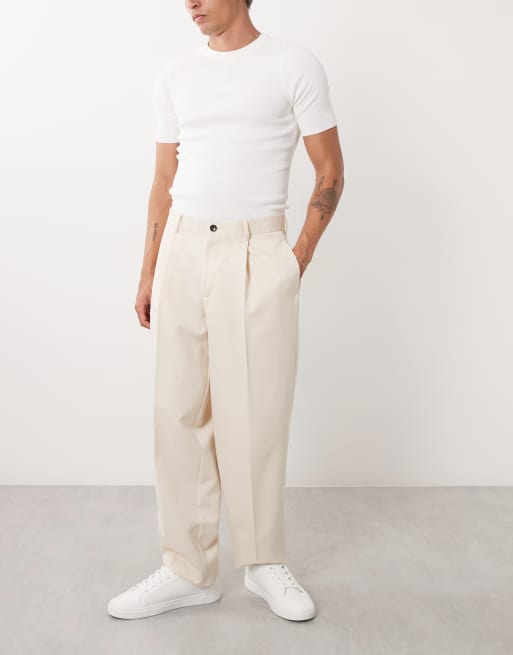 ASOS DESIGN tailored pleated oversized tapered trousers in ecru, 2 of 5