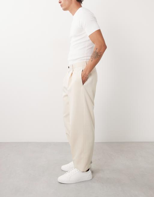 ASOS DESIGN tailored pleated oversized tapered trousers in ecru, 3 of 5
