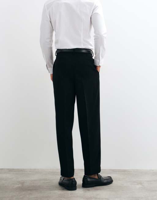 ASOS DESIGN tailored pleated relaxed tapered pants in black microtexture, 5 of 5