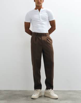 Asos Design Tailored Pleated Relaxed Tapered Pants In Brown