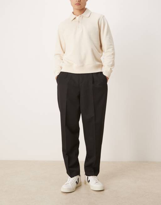 ASOS DESIGN tailored pleated relaxed tapered pants with elastic waistband in black, 2 of 5