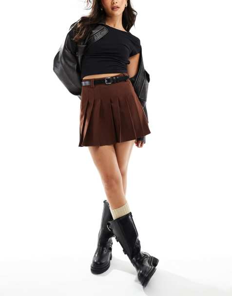 ASOS DESIGN tailored pleated skirt with belt in chocolate - view 1