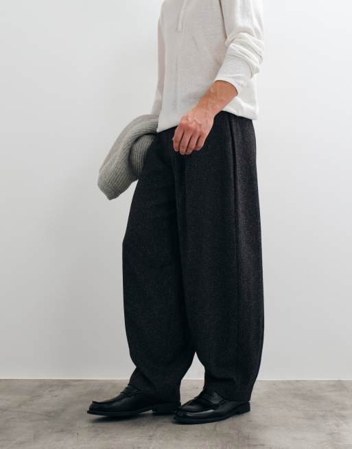 ASOS DESIGN tailored pleated wide barrel leg pants in charcoal texture, 3 of 5