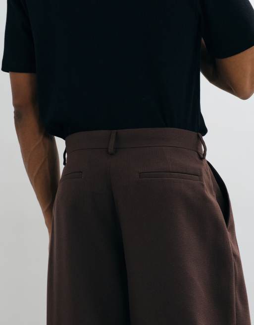ASOS DESIGN tailored pleated wide barrel leg pants in dark brown microtexture, 5 of 5