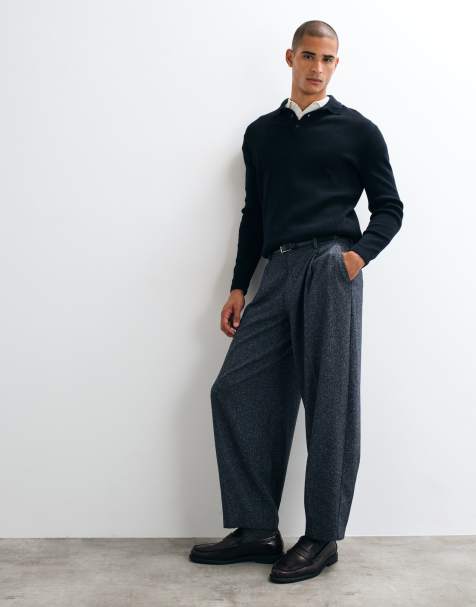 ASOS DESIGN tailored pleated wide barrel leg pants in navy texture - view 1